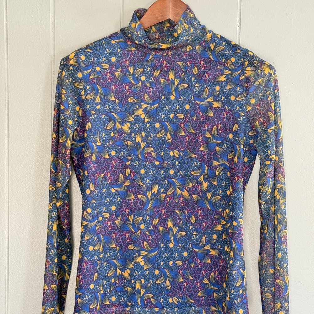 Anthropologie Mesh Gauzey Lined Turtleneck Top‎ Sheer Y2K Indie Boho Floral M